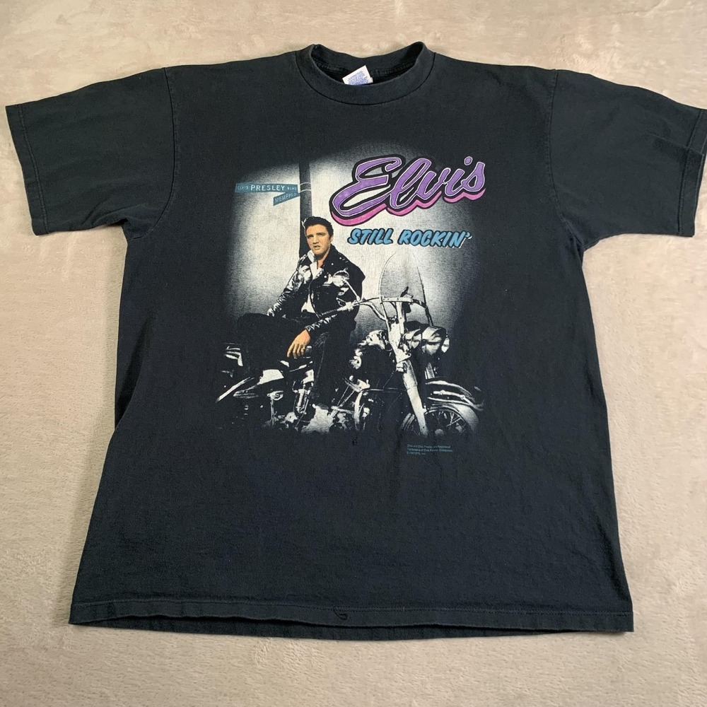 Vintage Elvis Presley Shirt Mens XL Black Still Rockin' Motorcycle Graphic 90s